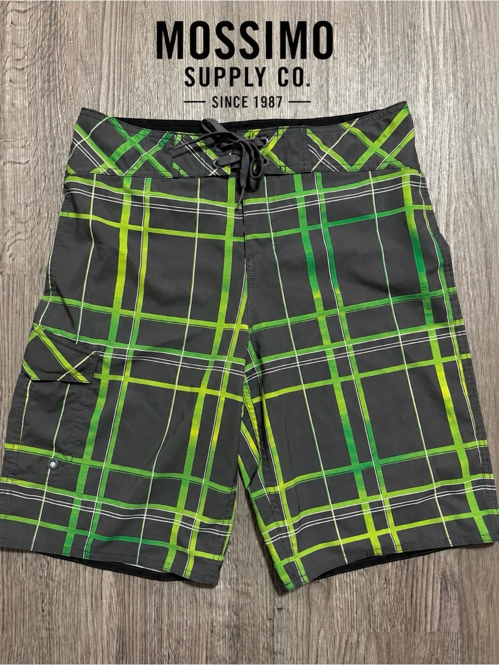 Mossimo Supply Co Board Shorts Mens 32 Dark Gray Green Plaid Swim Surf Beach